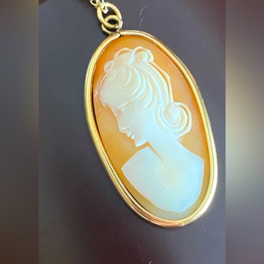 Genuine carved shell Cameo necklace, 16 inch 14k gold filled chain. Vintage